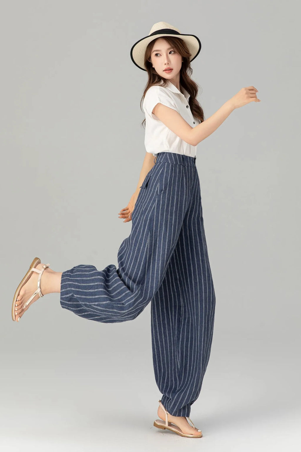 Blue Linen Pants - Plus Size Striped Ankle-Length Relaxed Fit 4939