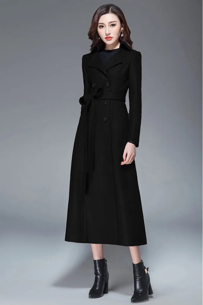 Handmade Light Gray Wool Coat – Elegant Double-Breasted Belted Long Overcoat 