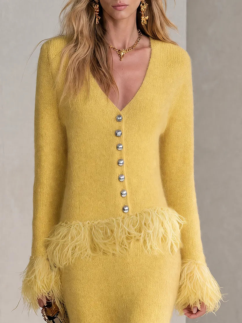 Retro-chic Yellow Knitted Skirt Set With Feather Fringe Details