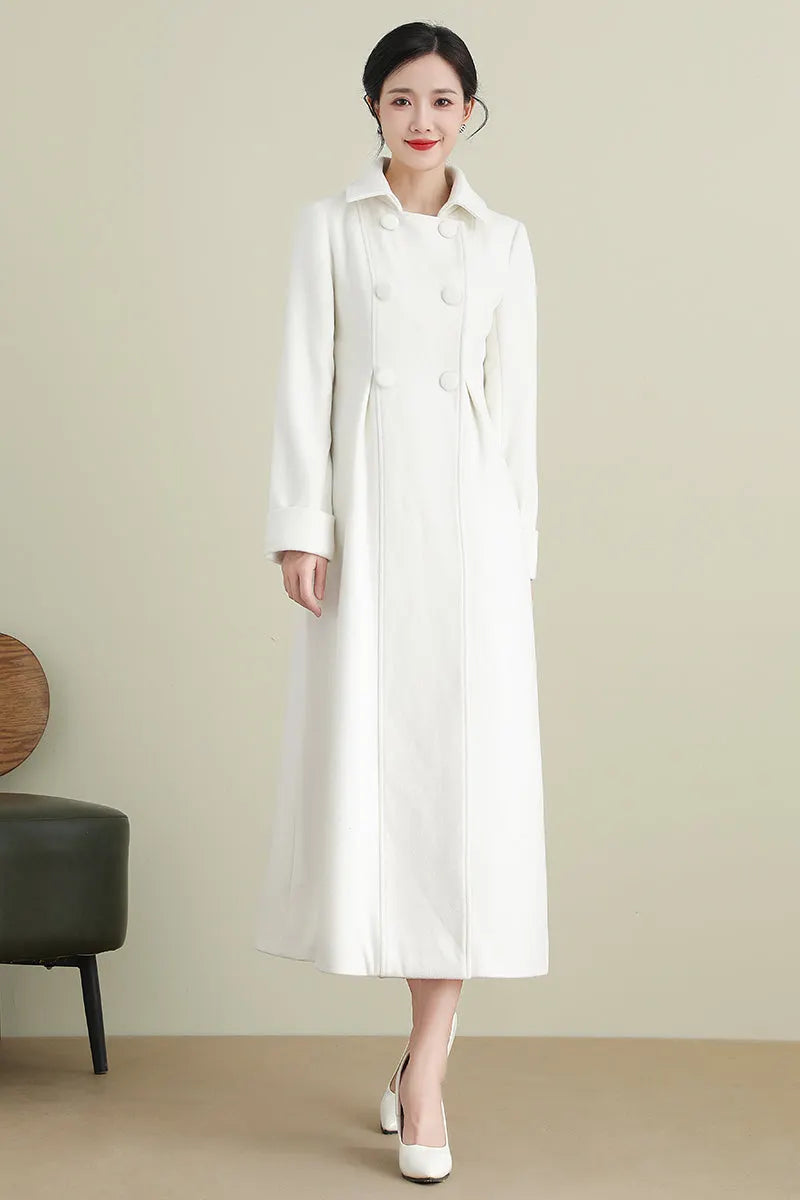 Xiaolizi White Long Wool Coat for Women – Handmade Double Breasted Winter Wedding Coat 3903
