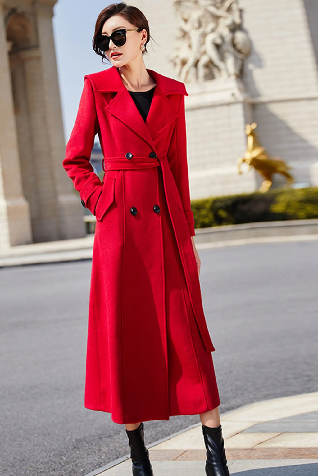 Red Wool Maxi Coat - Double Breasted with Tie Belt Waist 3194