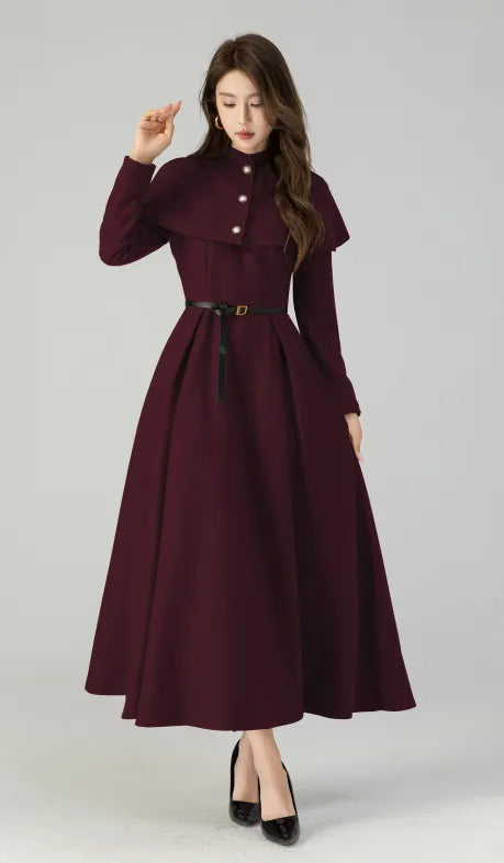 Burgundy Wool Blend Maxi Dress - Detachable Cape & Belted Waist 6434