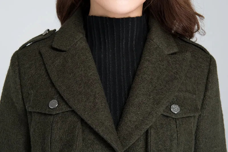 Army Green Wool Winter Coat - Relaxed Fit Button-Down Jacket 1628