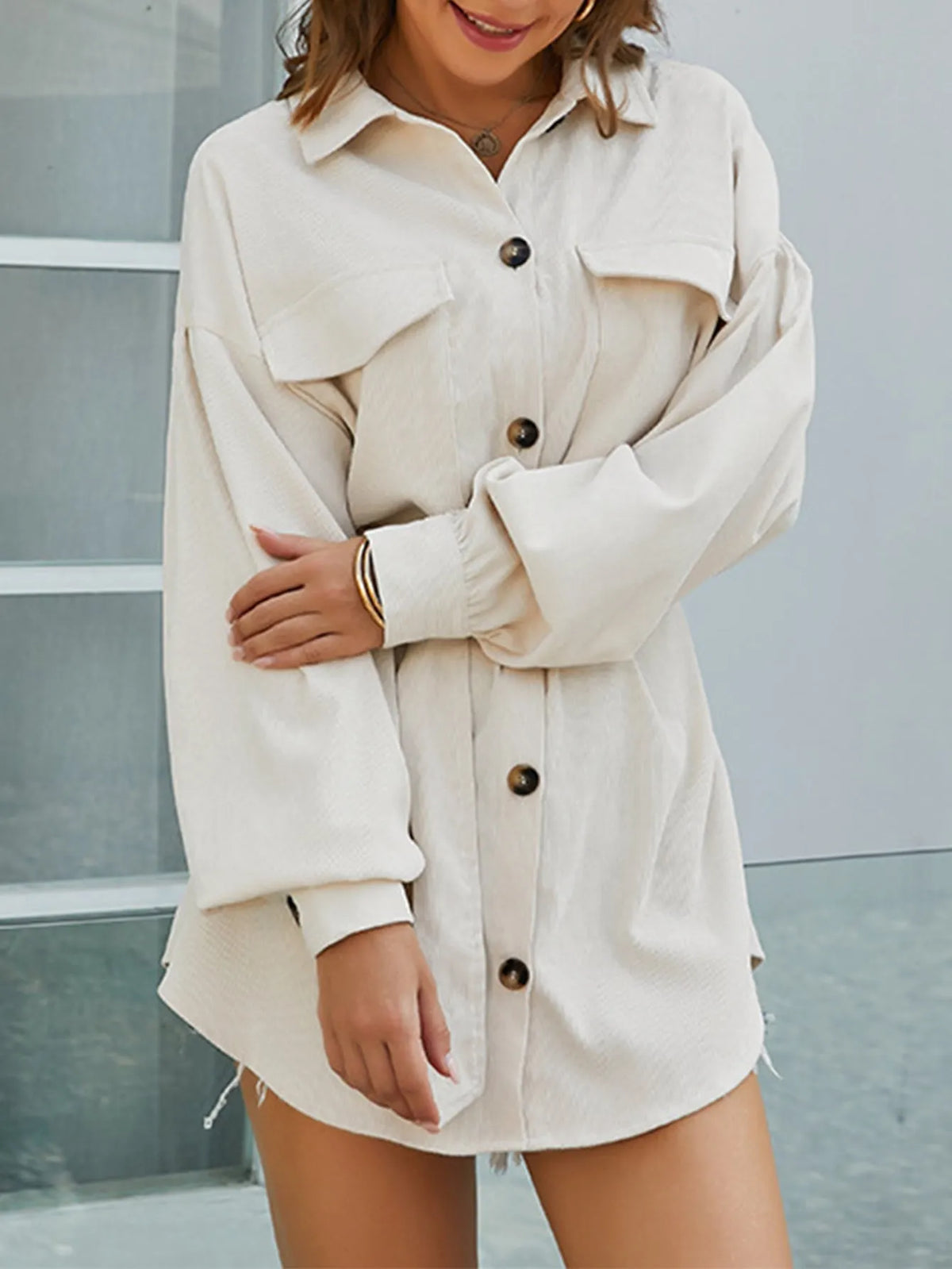 KittenAlarm - Cord Front Pockets Self Waist Tie Shirt Dress