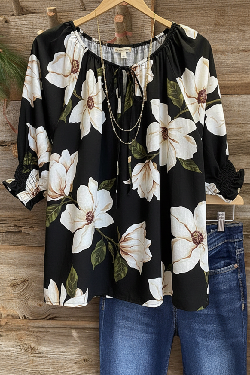 Magnolia Floral Gathered Cuff Peasant Top