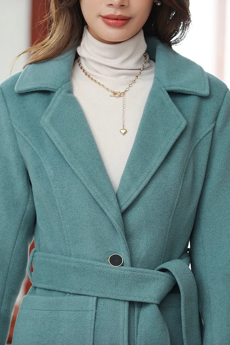 Minimalist Wool Blend Coat – Handmade Light Teal Long Winter Overcoat 