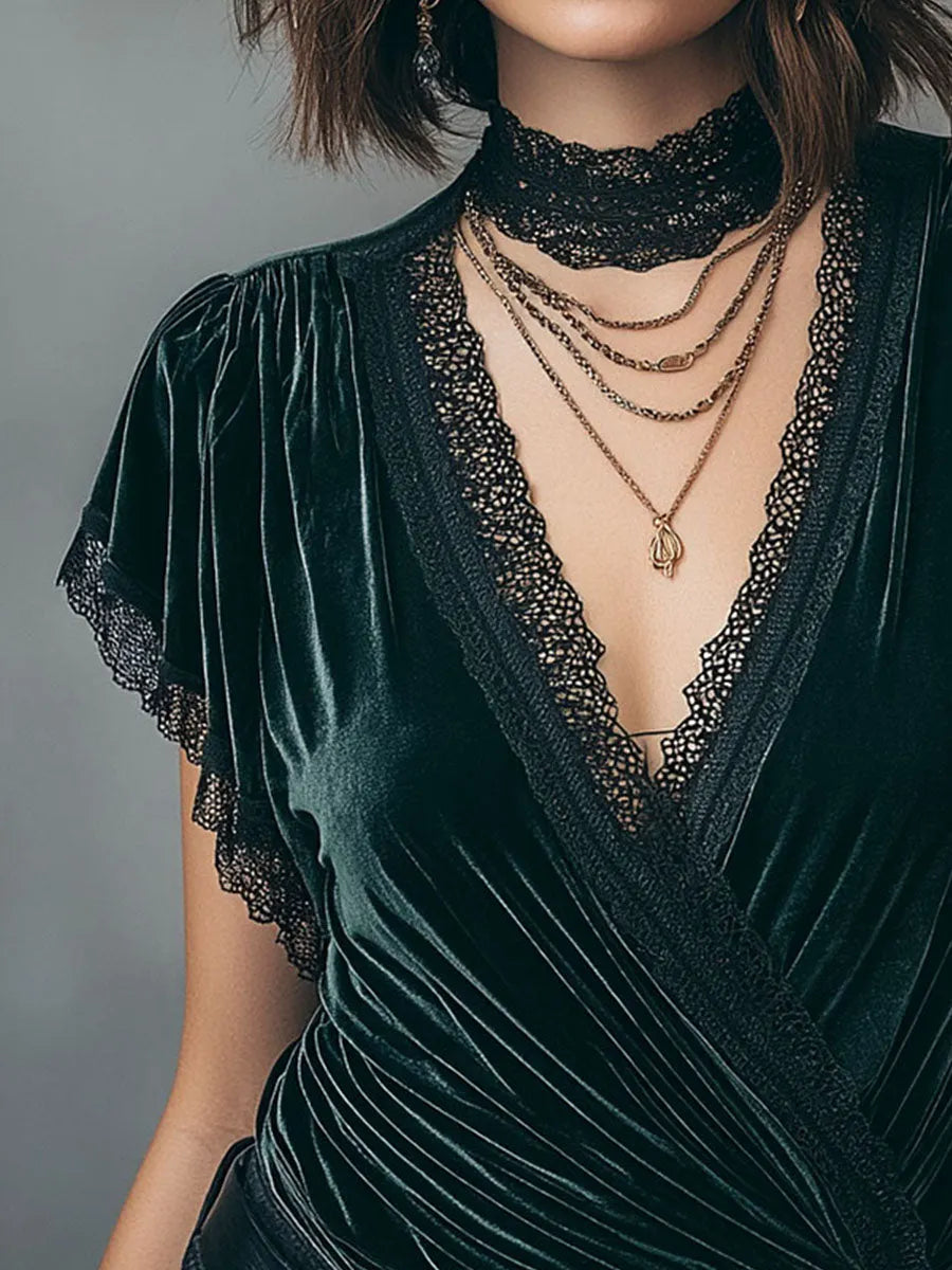 Vintage V-Neck Velvet Wrap Blouse With Lace Trim