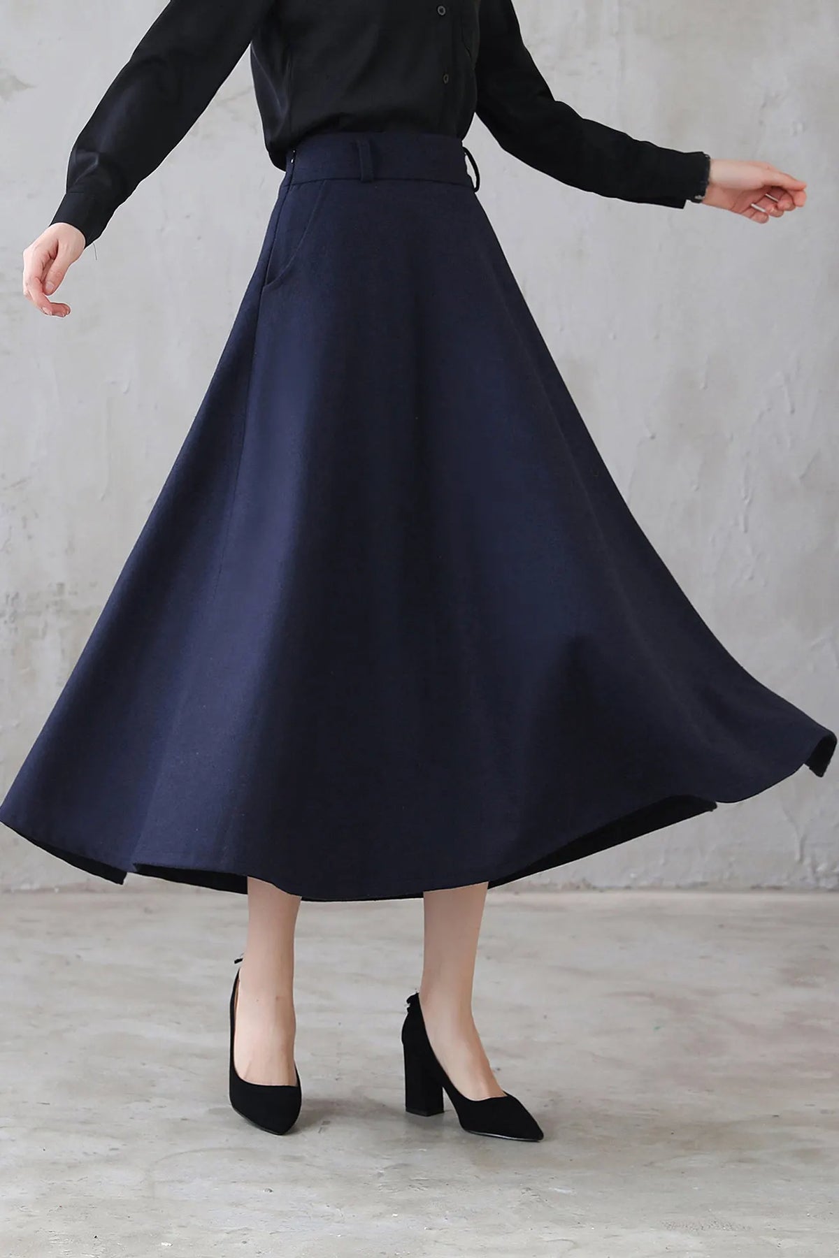 Navy Wool Midi Skirt - Vintage Inspired A-Line Silhouette 3118