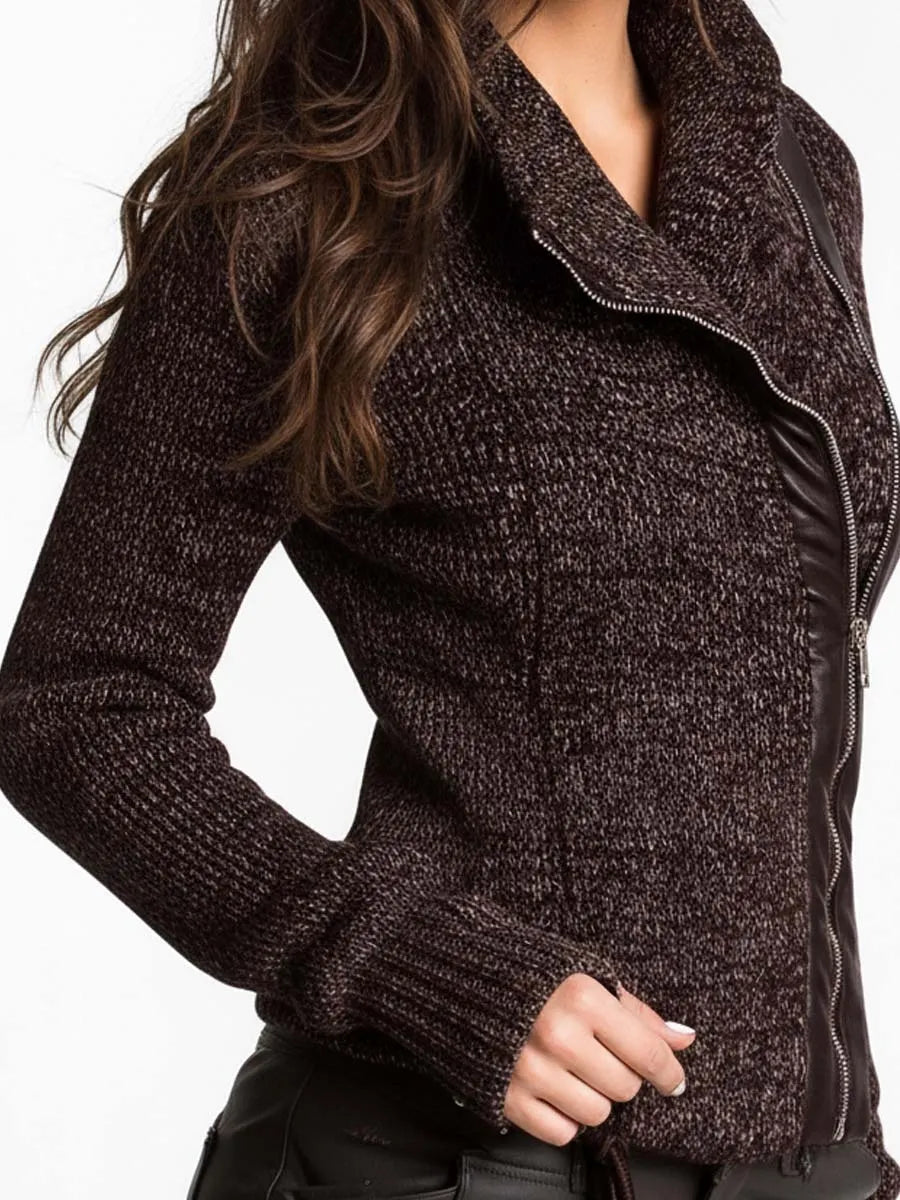 Brown Asymmetrical Zip Ribbed Knit Jacket
