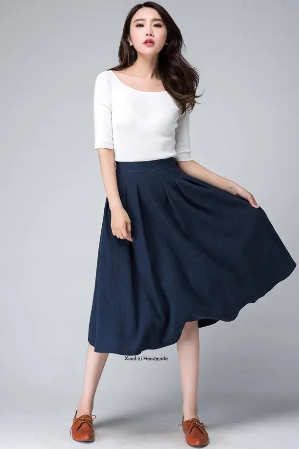 Elegant Navy Linen Midi Skirt – High-Waisted A-Line with Side Zipper 