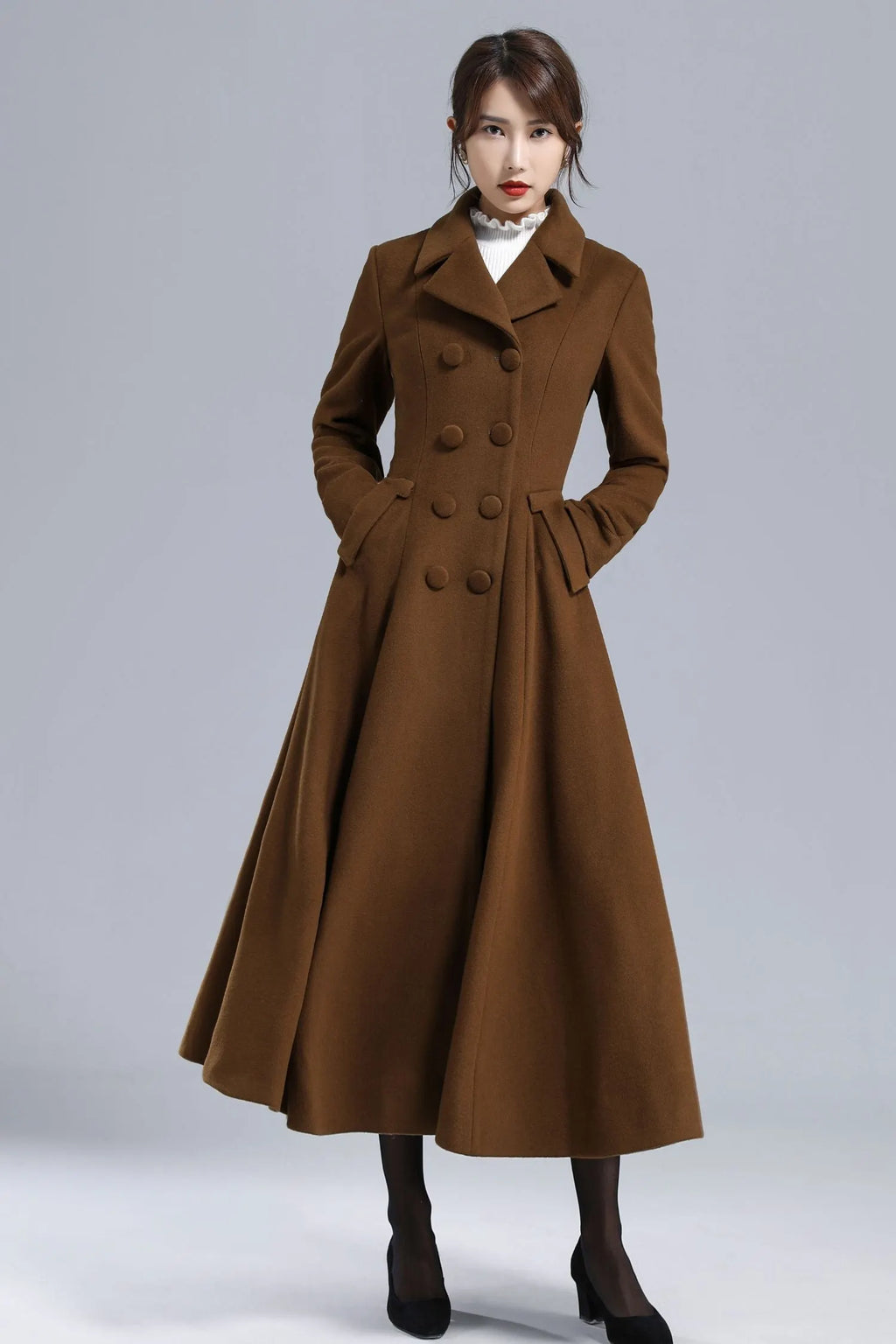 Chocolate Brown Wool Maxi Coat – Vintage Double Breasted Long Overcoat 3238