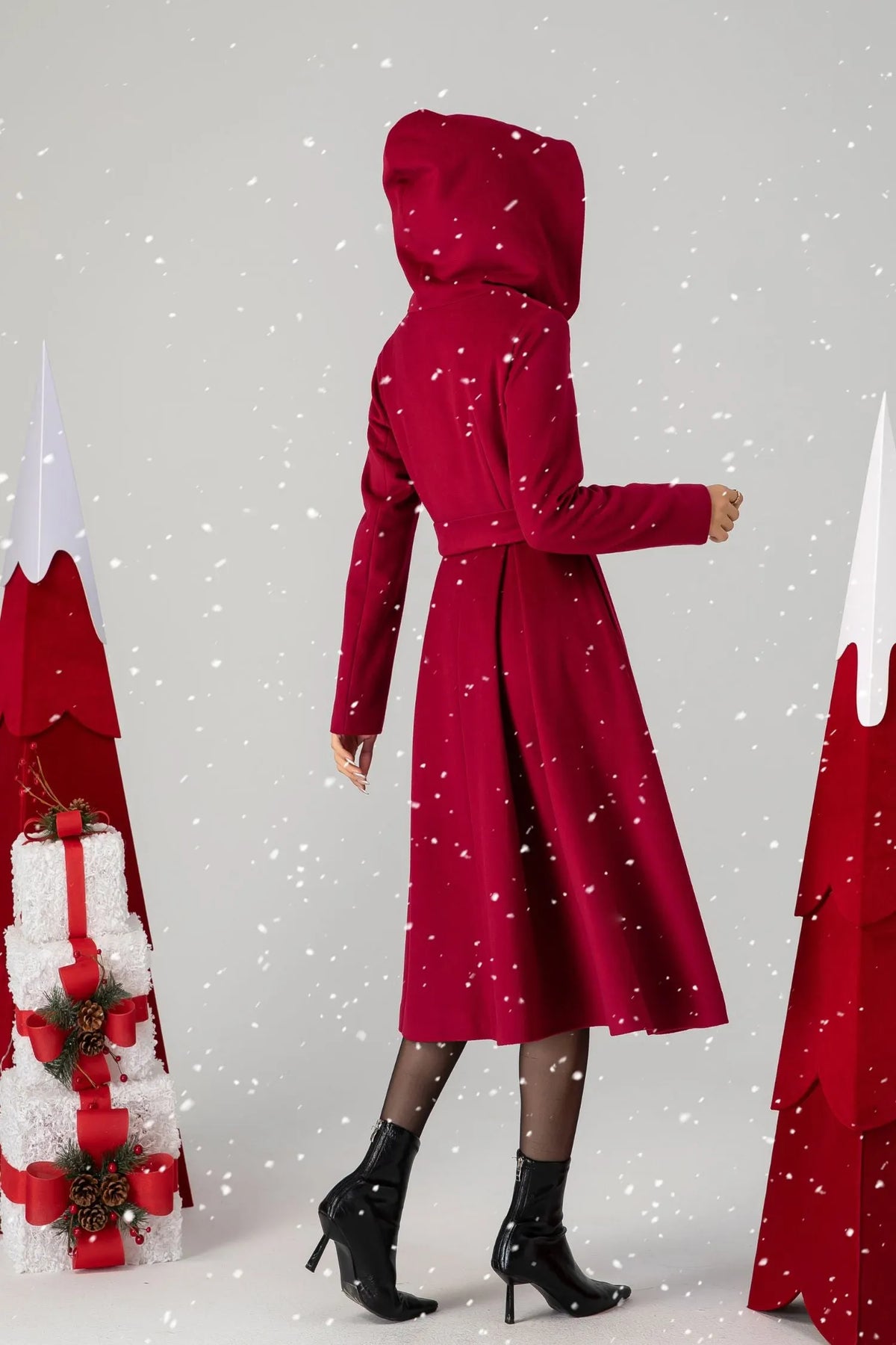 Red Wool Hooded Coat - Princess Silhouette with Belted Waist 6295