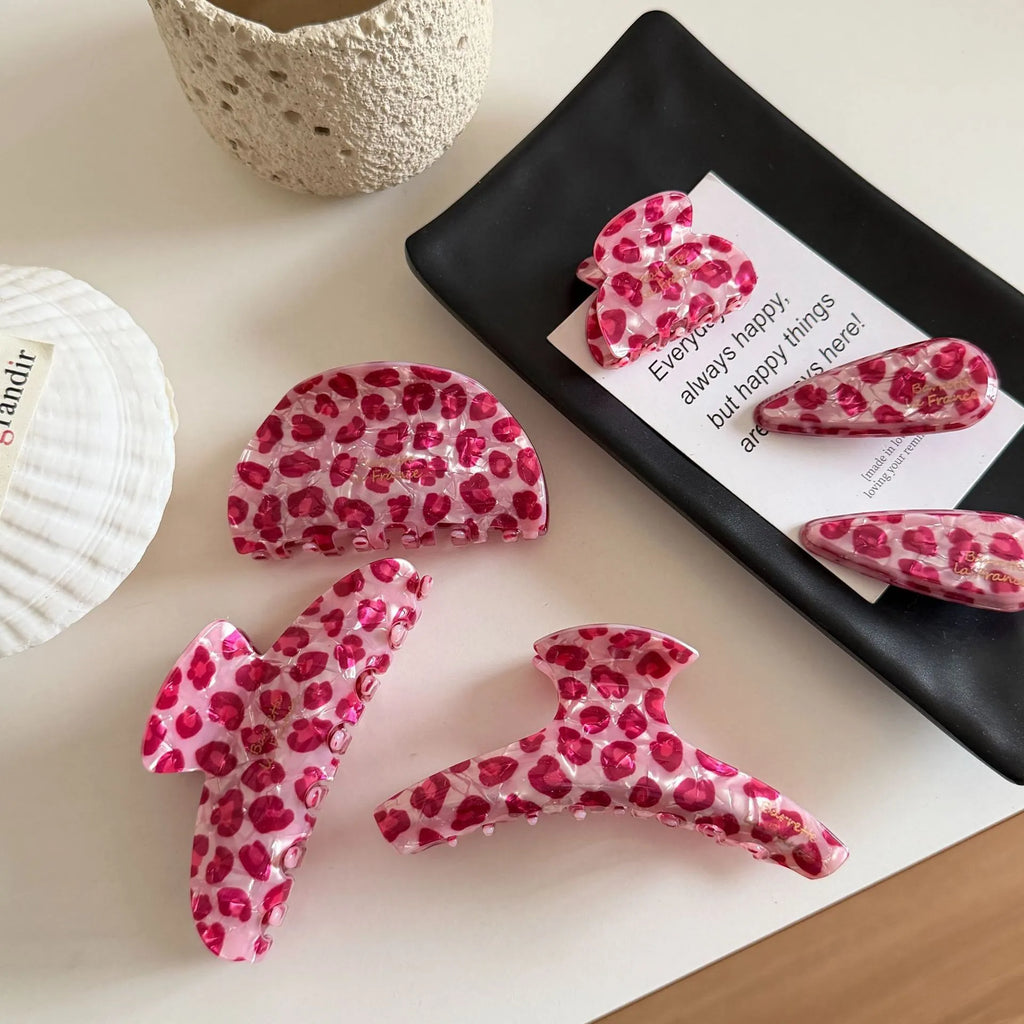 Acrylic Pink Leopard Print Hair Clips Set - Fashionable Claw Clips