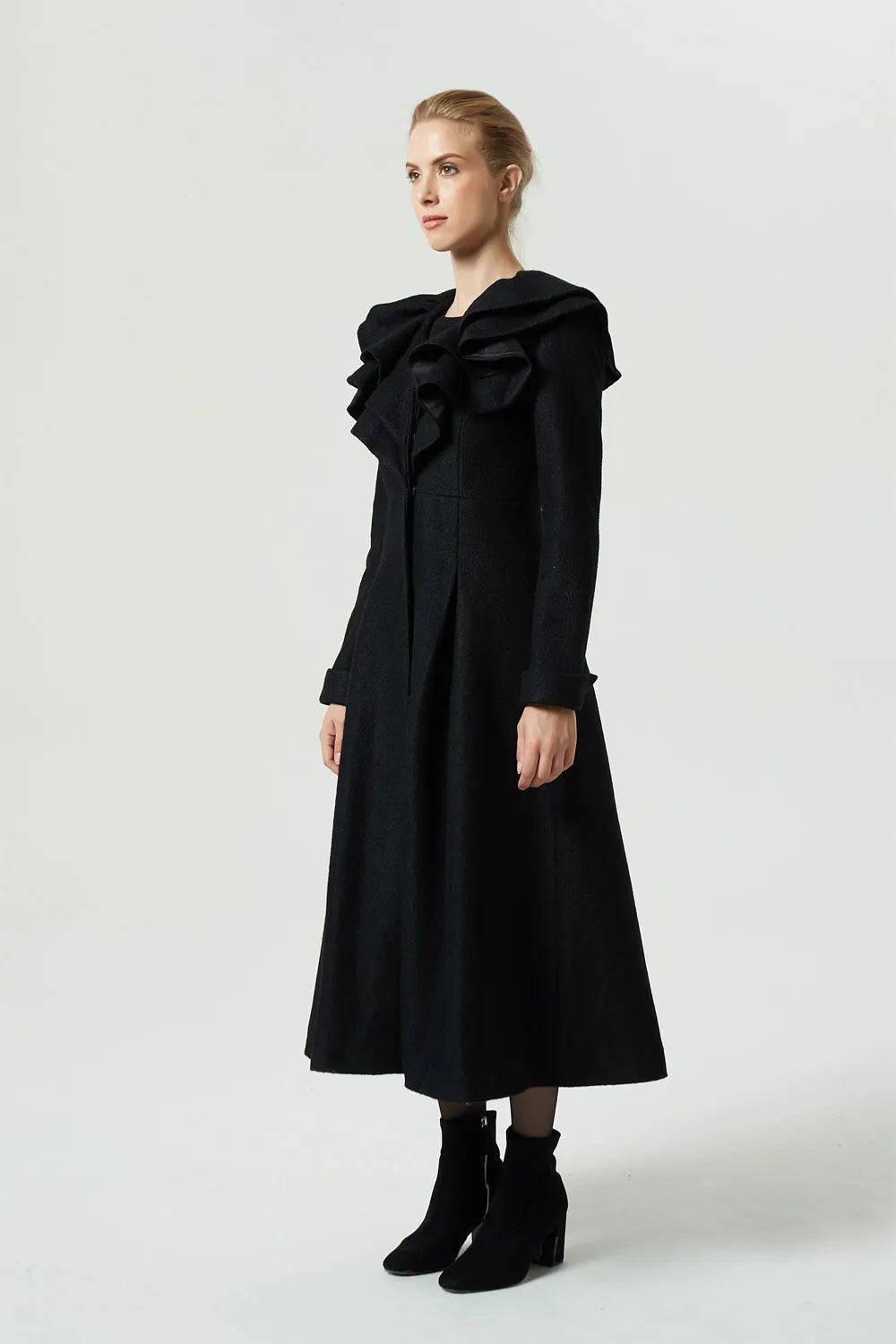 Black Wool Ruffle Coat – Handmade Feminine Fit and Flare Winter Maxi Coat 