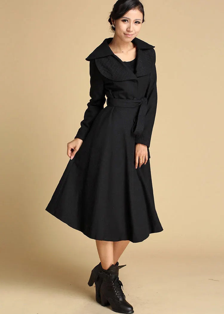 Black Wool Coat - Double Folded Collar with Self-Tie Waist 2113199813