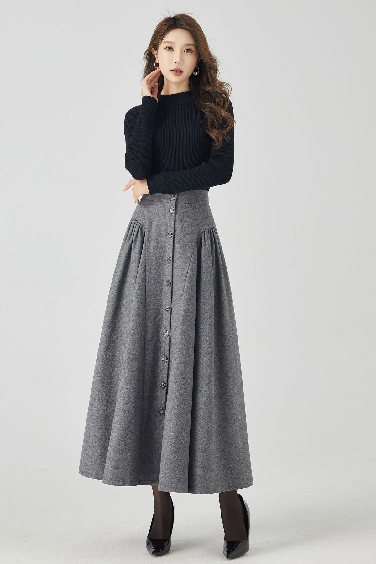 Gray Wool Maxi Skirt - Button-Down, Flowy Silhouette 4526