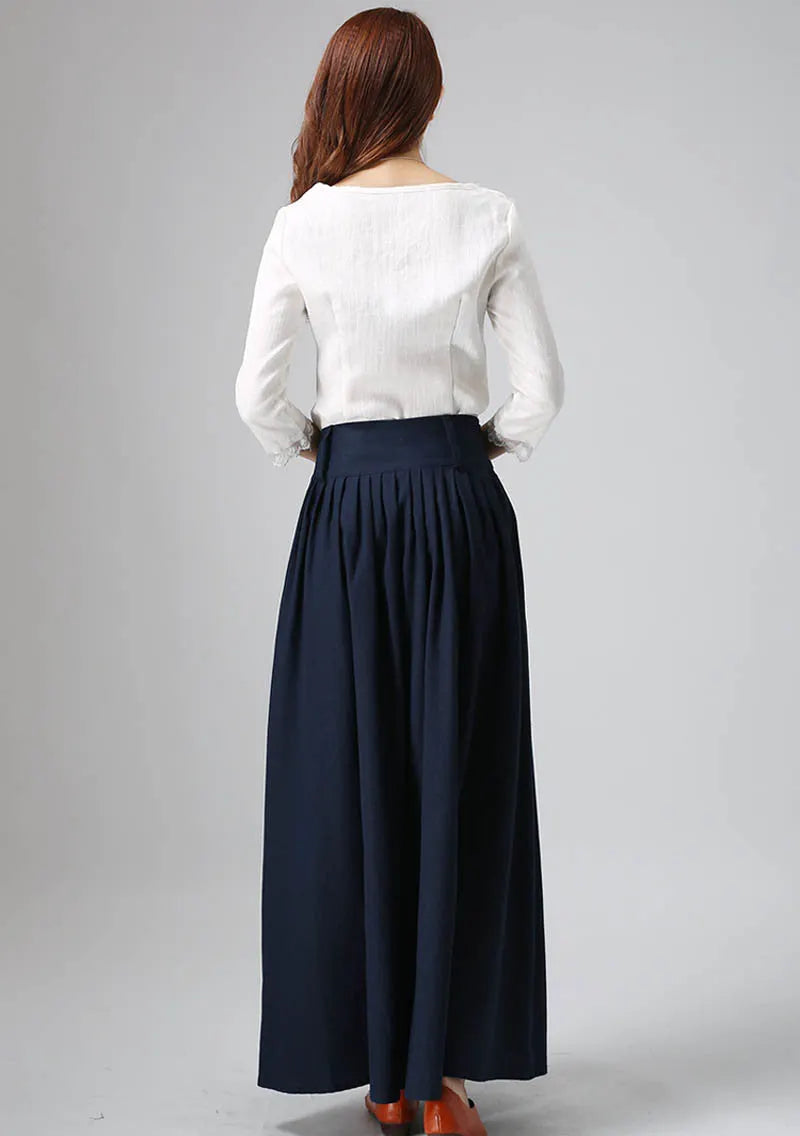 Navy Linen Maxi Skirt - Pleated Waist Side Pockets 