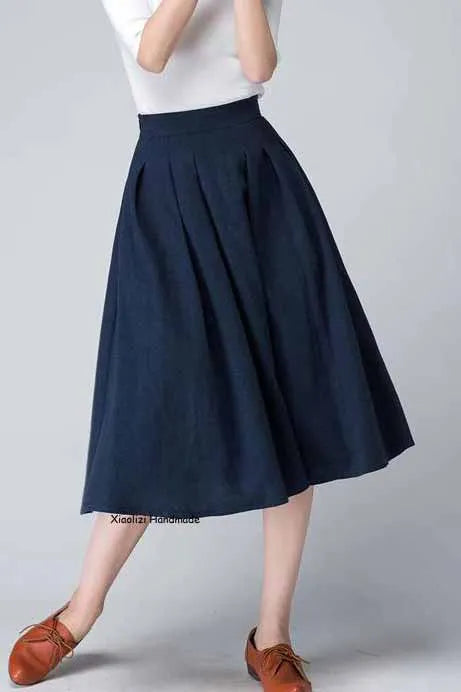 Elegant Navy Linen Midi Skirt – High-Waisted A-Line with Side Zipper 