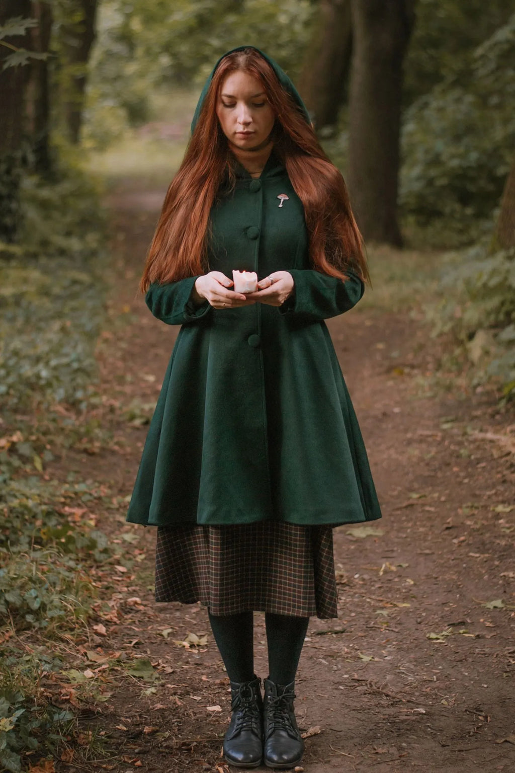 Army Green Wool Coat - Hooded Fit and Flare Knee-Length 3172