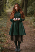 Army Green Wool Coat - Hooded Fit and Flare Knee-Length 3172