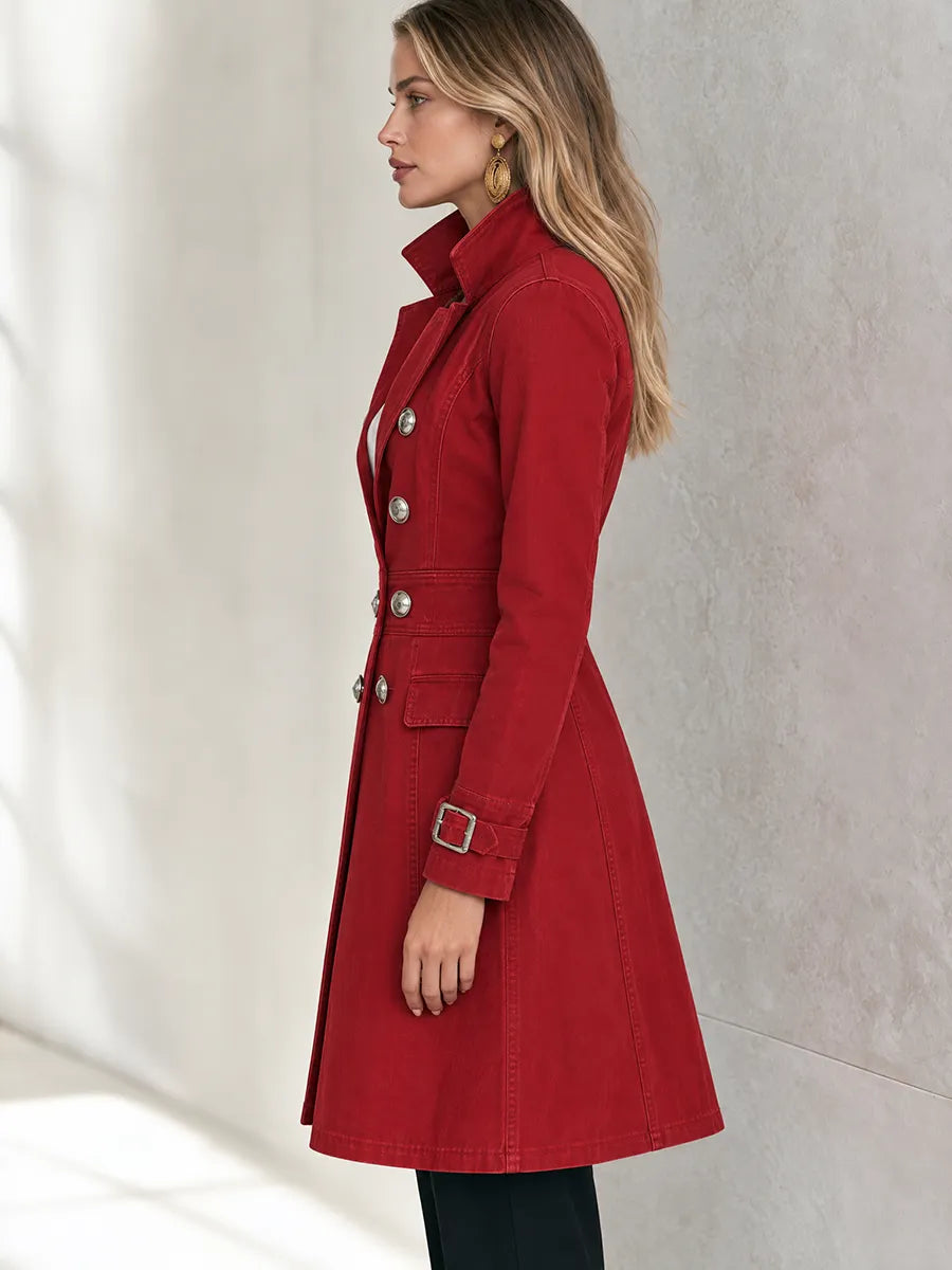 Women's Red Double-Breasted Denim Trench Coat