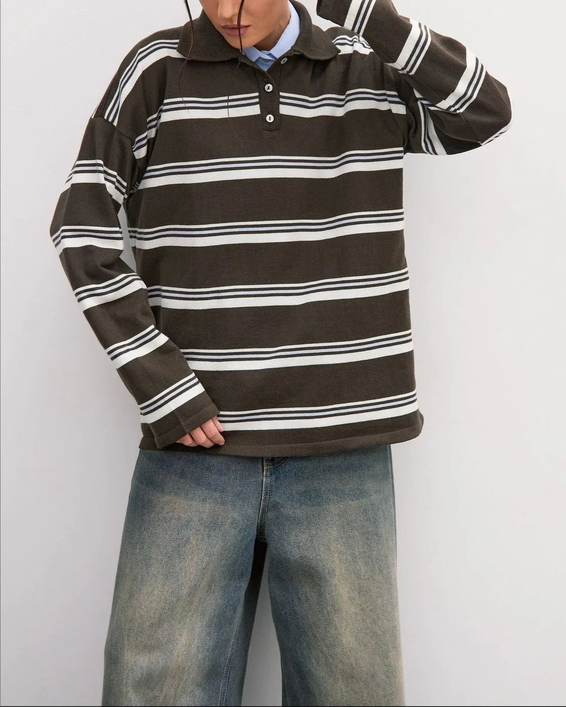 Relaxed Collared Striped Long Sleeve Blouse