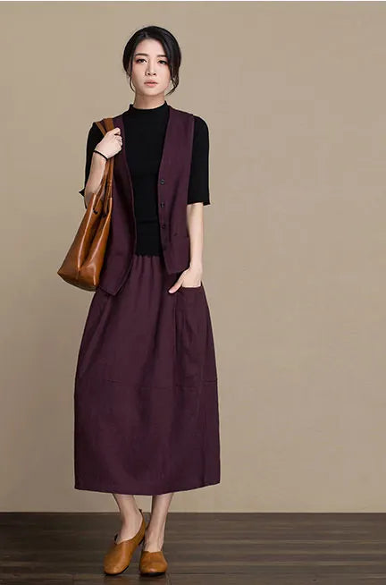 Navy Cotton and Linen Midi Skirt - Lantern Silhouette with Elastic Waist J084-2