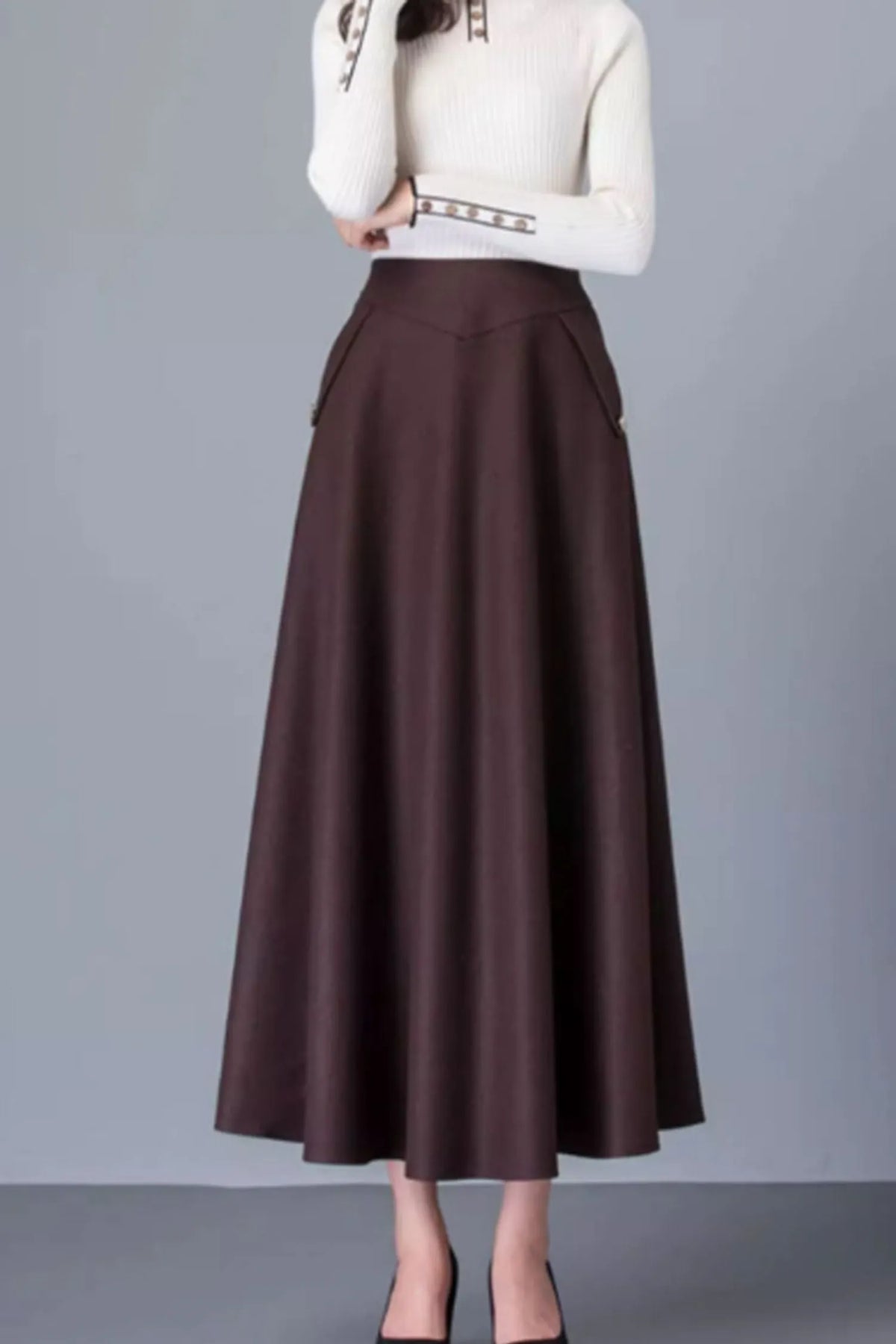 Brown Wool Maxi Skirt - A-Line with Pockets 4752