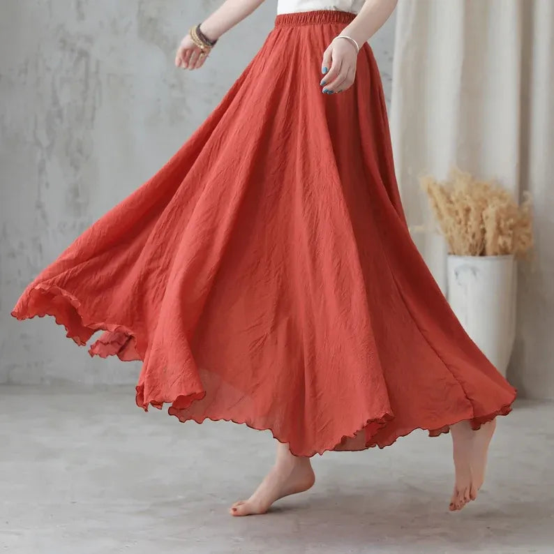 Boho Linen Maxi Skirt, Pleated Elastic Waist 