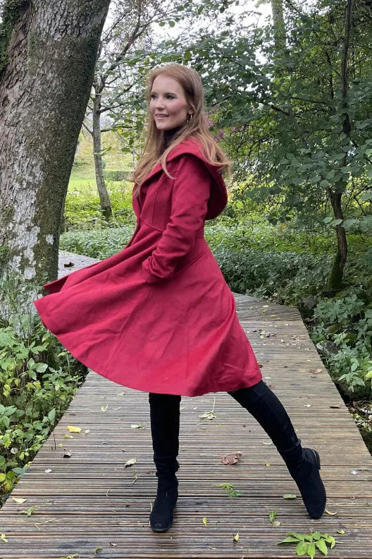 Wine Red Wool Coat - Fit and Flare, Hooded Knee-Length 3231