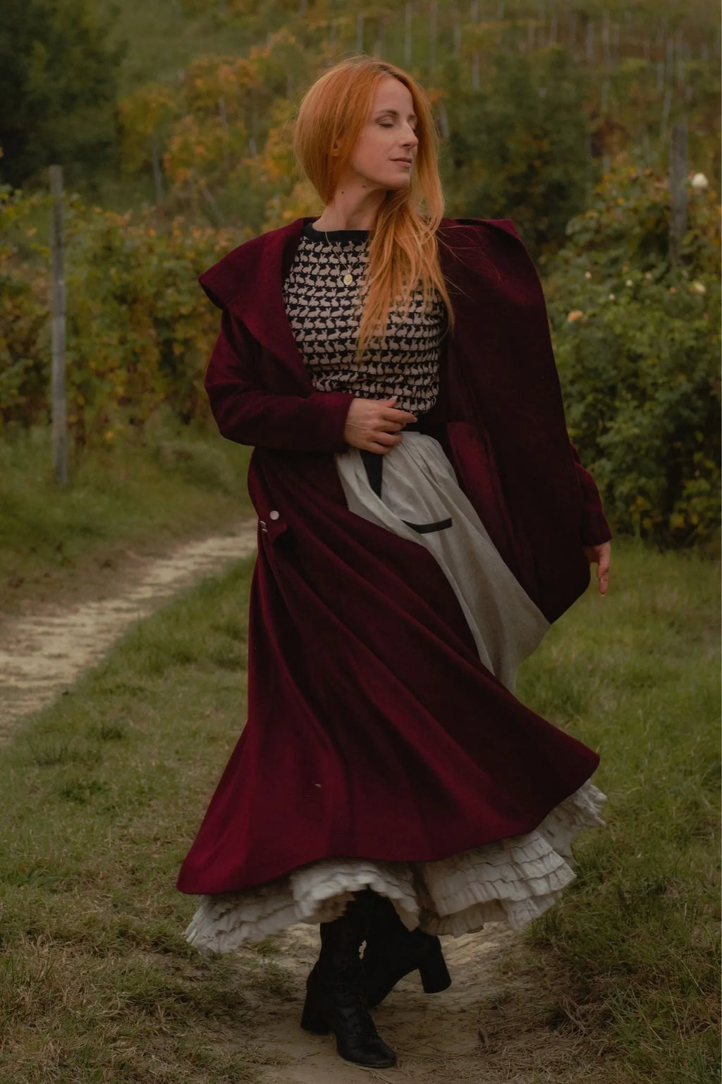 Burgundy Hooded Wool Coat – Handmade Long Belted Wool Winter Overcoat for Women 6546