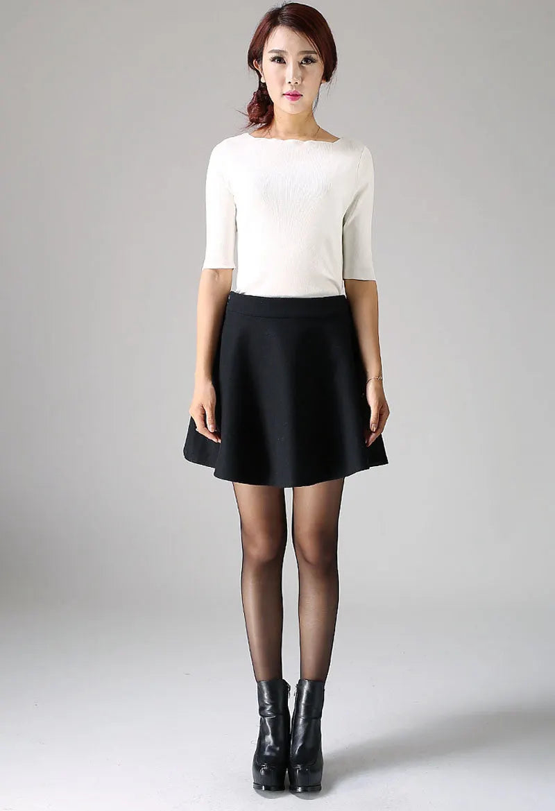 Black Wool Blend Mini Skirt - High Waisted A-Line Pleated 1101