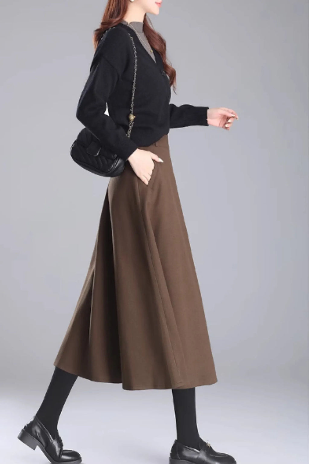 Brown Wool Midi A-Line Skirt with Pockets - Cozy Winter Style 5469