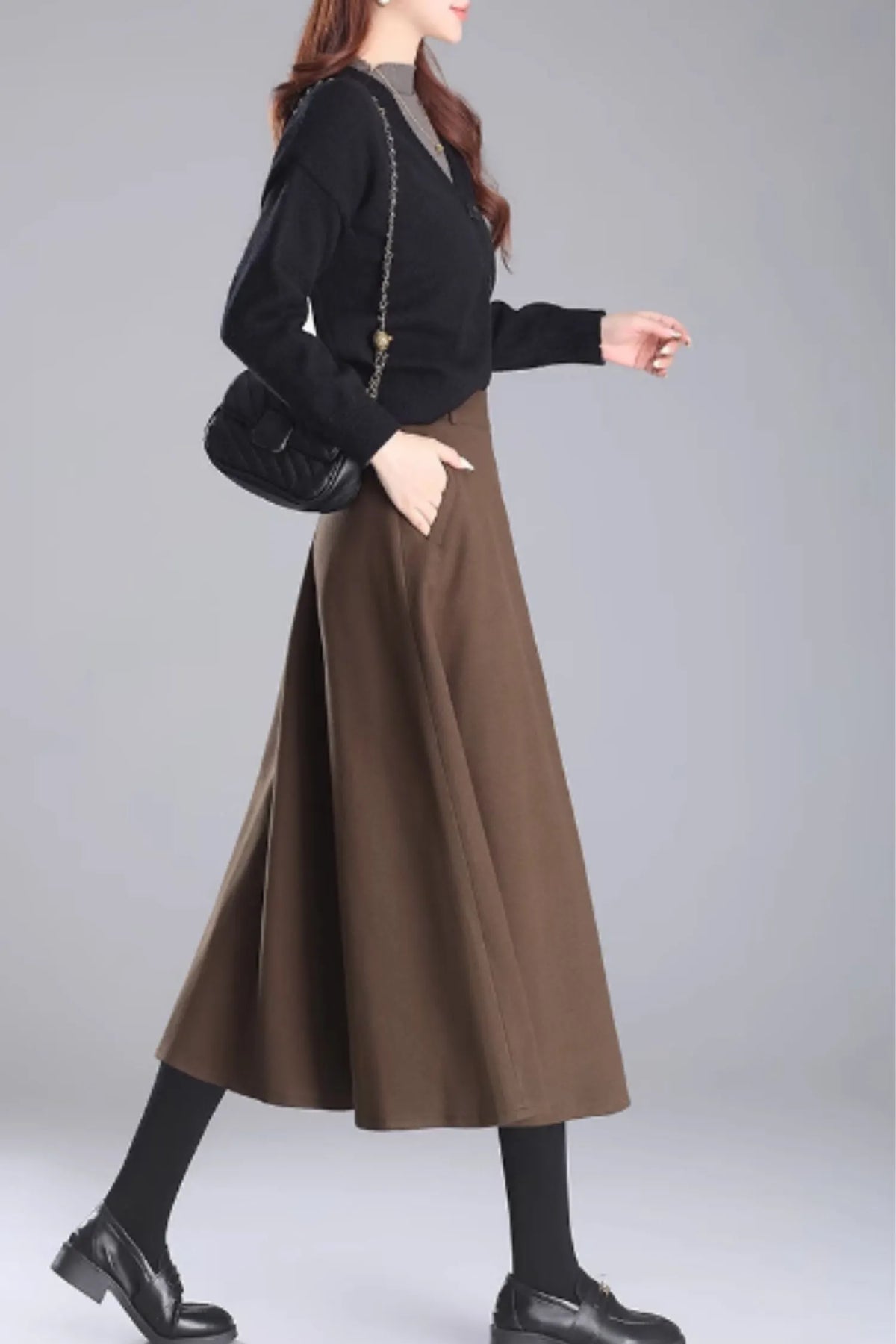 Brown Wool Midi A-Line Skirt with Pockets - Cozy Winter Style 5469