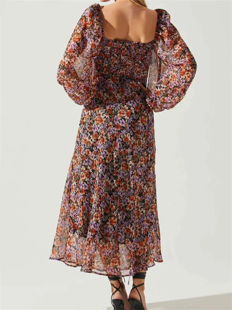 Women Spring Fall Vintage Floral Print V-neck Puff Sleeve Fashion Backless Holiday Vestido