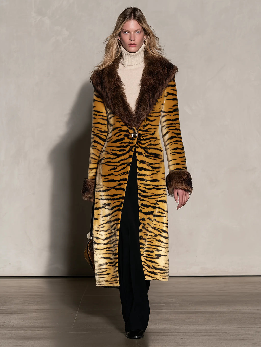 Vintage Elegant Velvet Print Faux Fur Coat, Chic Winter Statement Outerwear