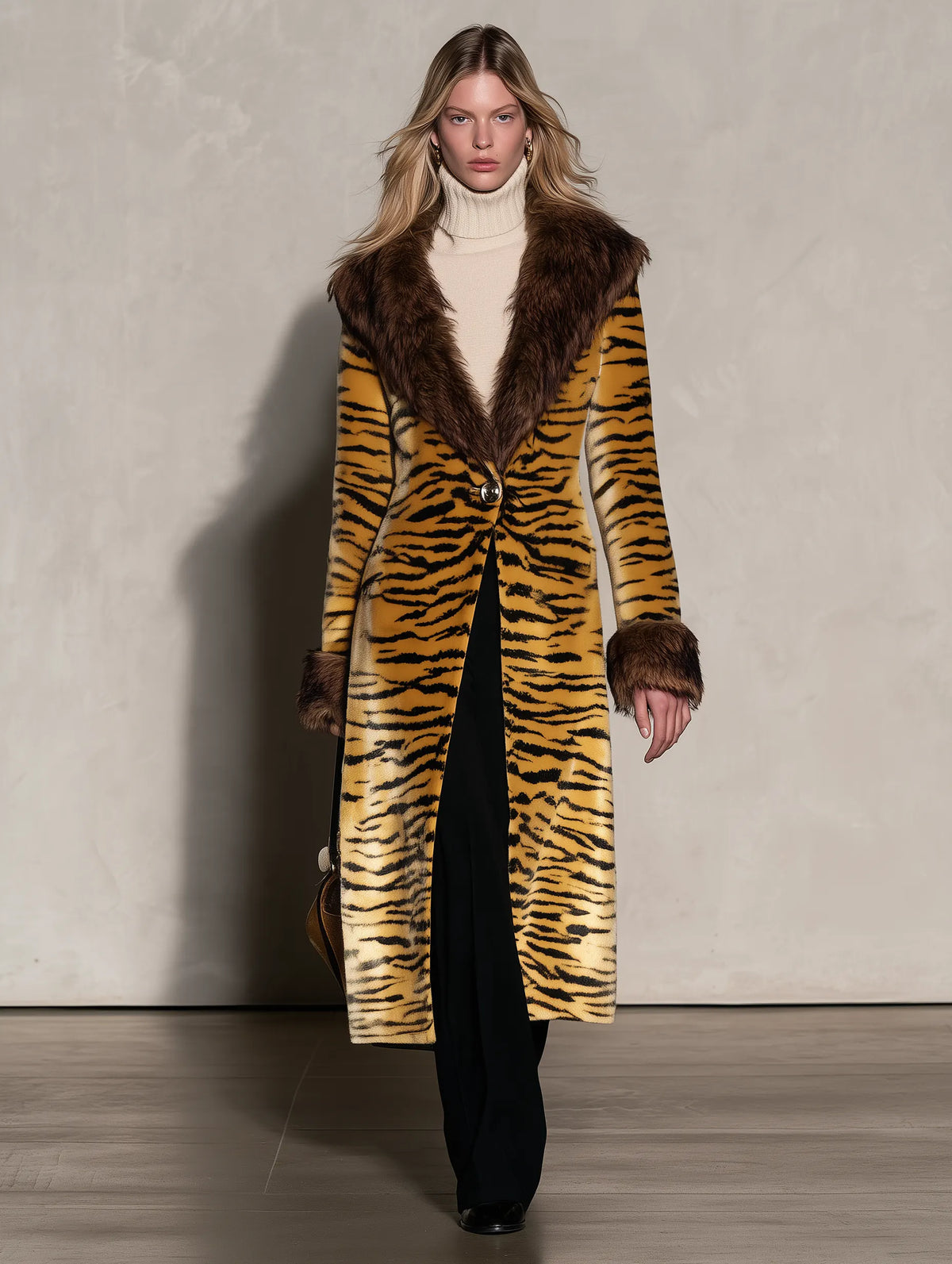 Vintage Elegant Velvet Print Faux Fur Coat, Chic Winter Statement Outerwear