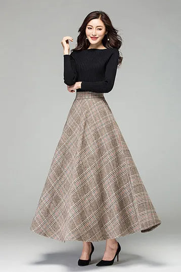 Plaid Wool A-Line Maxi Skirt - Elastic Waist, Fully Lined 3926