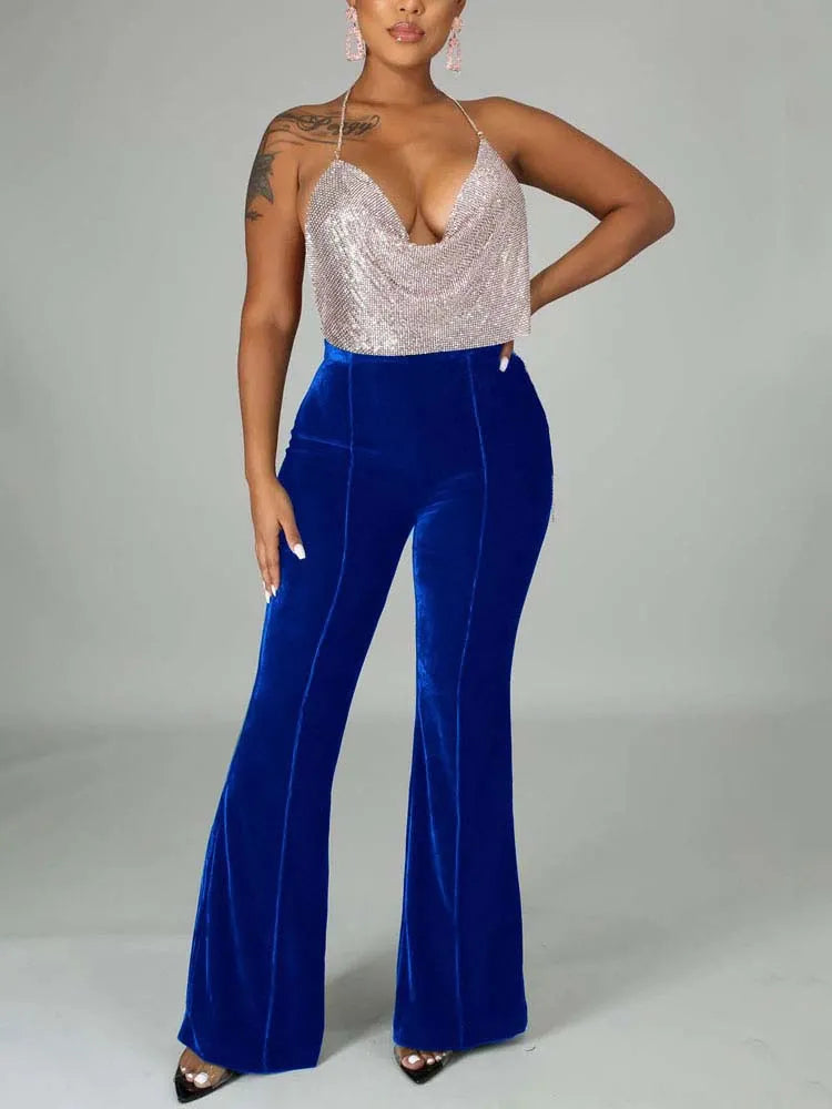 Velvet Velour Flared Bell Bottoms High Waist Pants