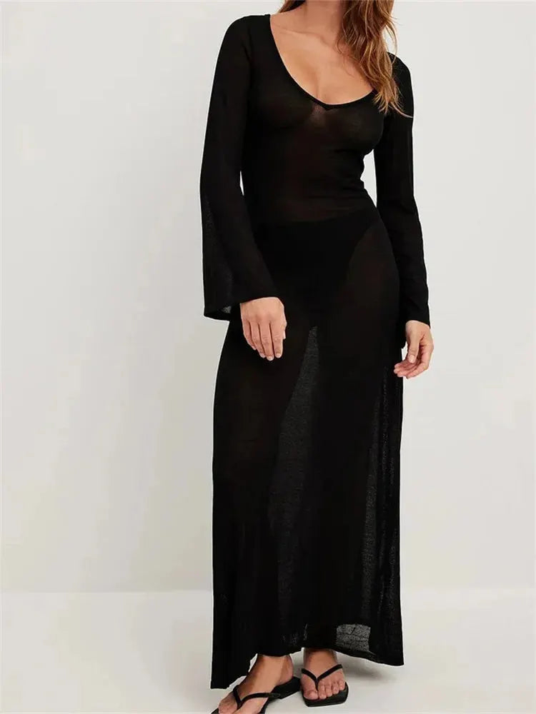 Women Vintage Sleeve V Neck See Through Slim Fit Solid Color Party Female Vestidos Streetwear