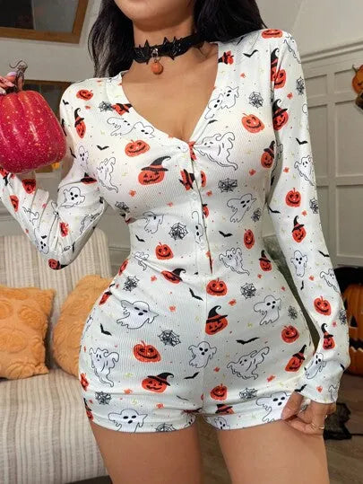 Halloween Ghost & Pumpkin Knitted V-Neck Pajama Romper