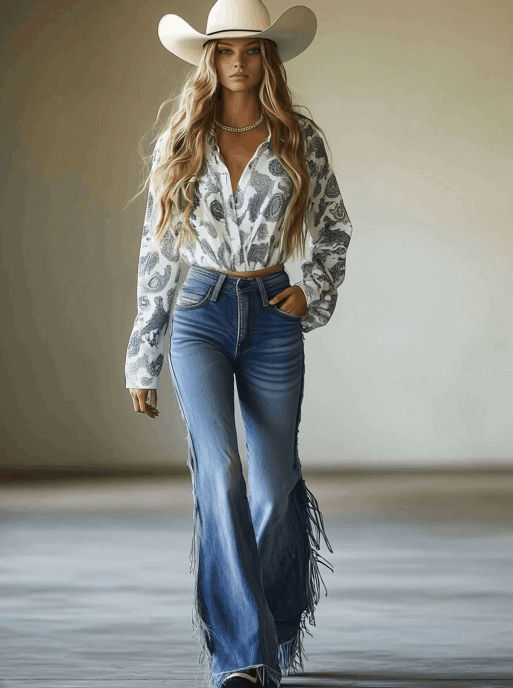 Vintage Blue Flared Fringe Jeans