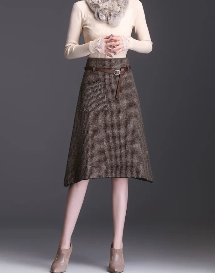 Handmade Brown Knit A-Line Skirt – Asymmetrical Hem with Pockets for Autumn Winter 6134