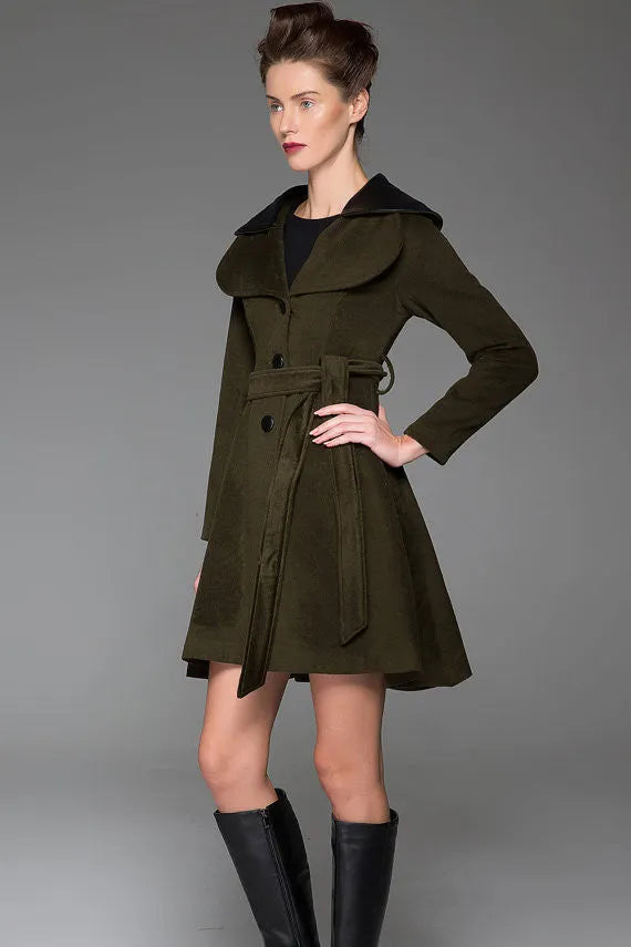 Vintage Wool Coat for Women – Handmade Olive Green Short Belted Winter Coat with Leather Lapel 