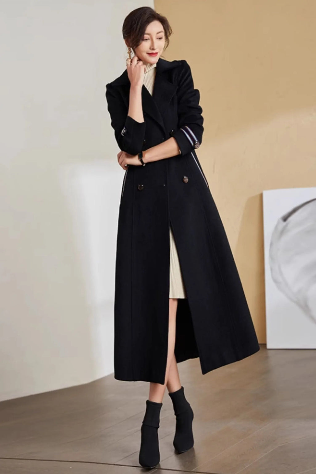Black Wool Long Coat - Tie Belt Waist, Lapel Collar 5283