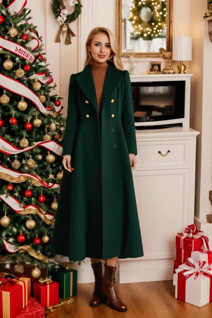 Green Wool Midi Coat - Fit and Flare Double Breasted Winter Outerwear 5368