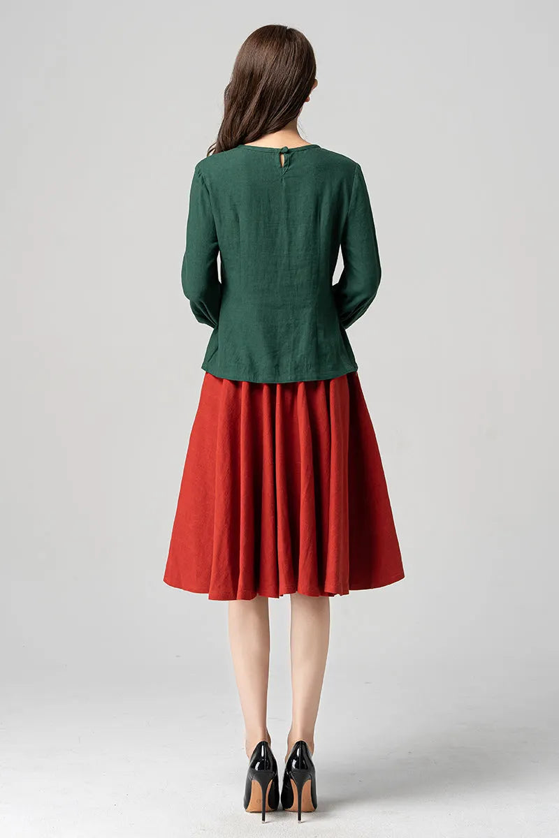 Green Linen Blouse - Lantern Sleeve Relaxed Fit 4183