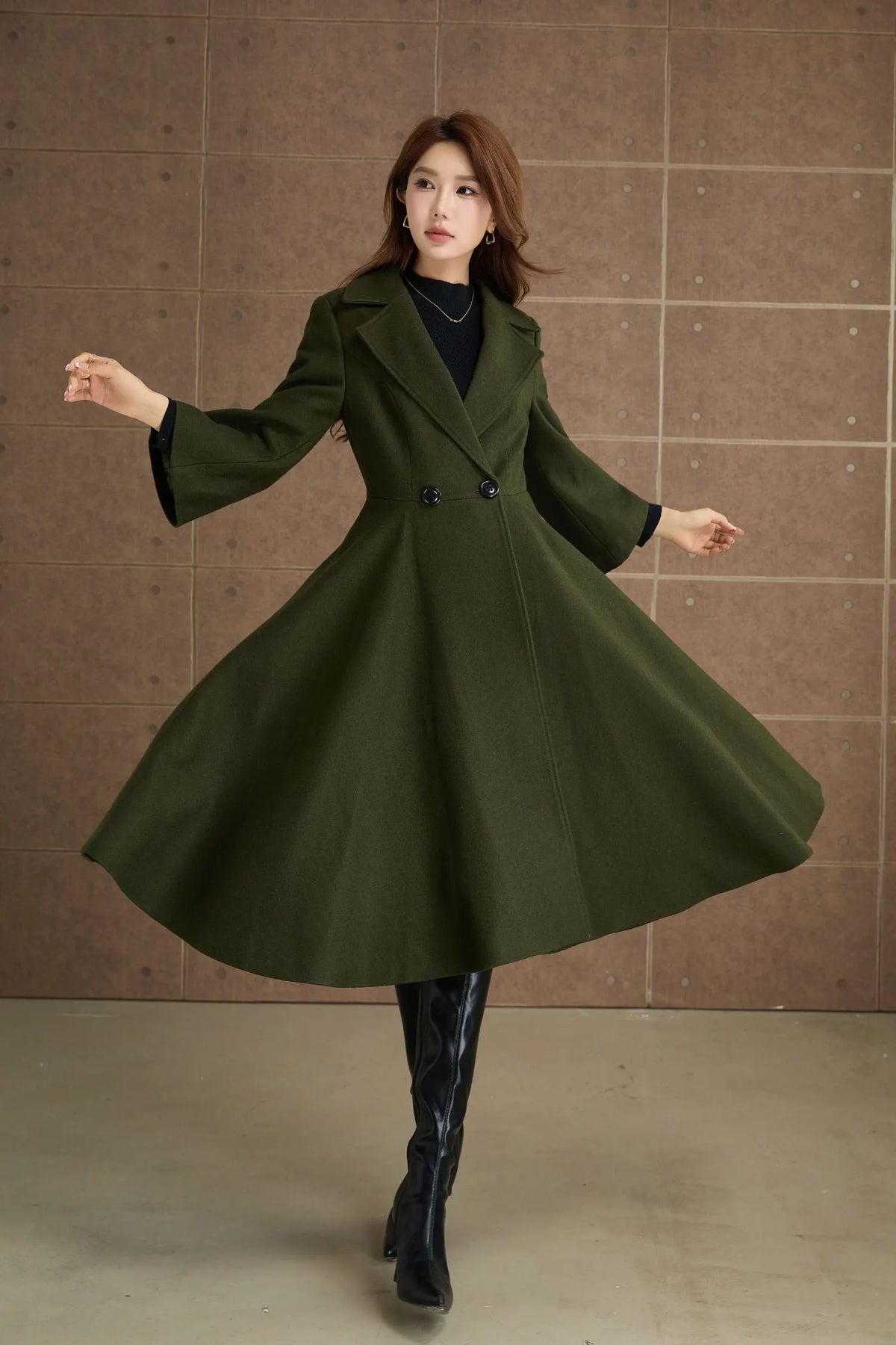 Green Wool Princess Coat - Fit and Flare, 3/4 Sleeves 5364