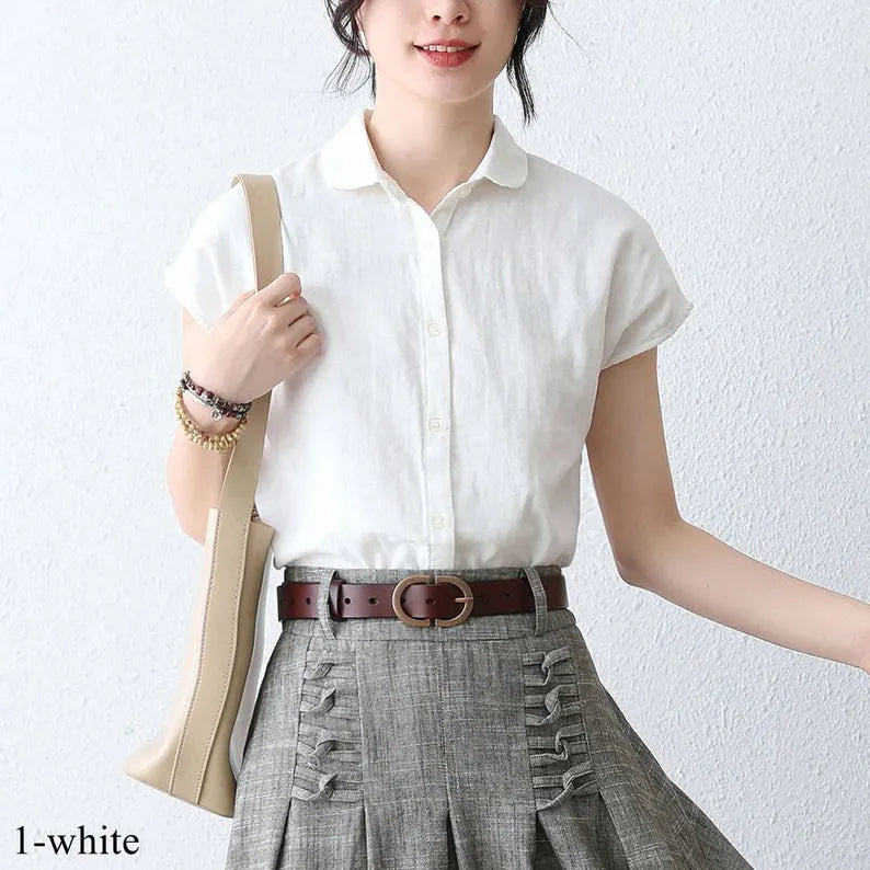 White Linen Blouse with Cap Sleeves - Lightweight and Crisp Button-Up 289001