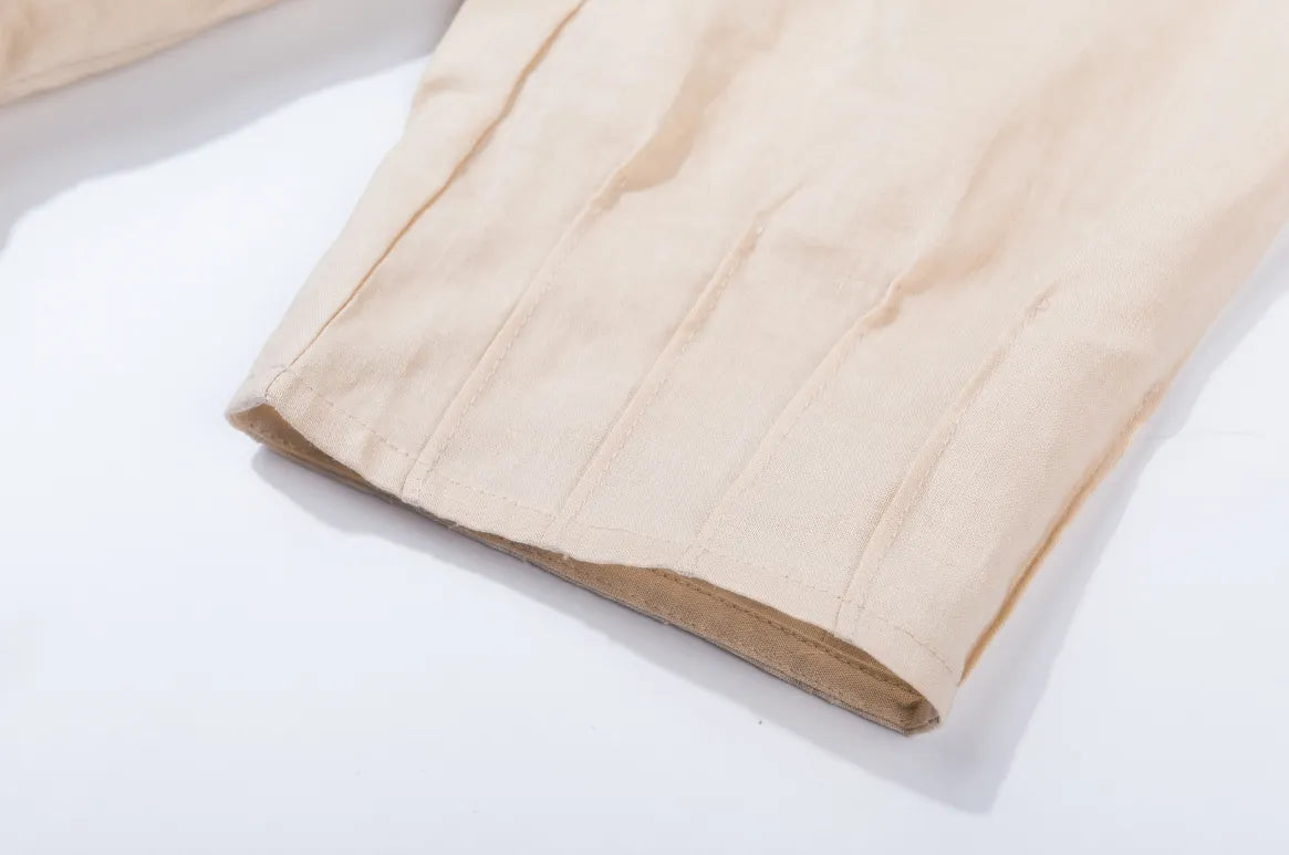 Beige Linen Blouse for Women – Pintuck Shoulder Top, 3/4 Sleeve Summer Shirt 1929